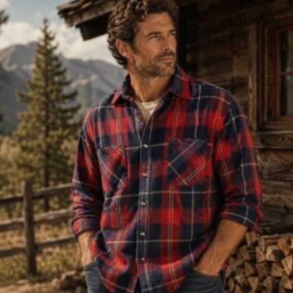 John Blair Mens XL Lined Plaid Flannel Shirt Red Navy Blue Acrylic Button Down